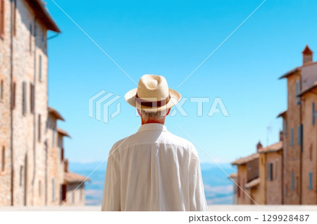 Man in Straw Hat Walking in Sunny Mediterranean Town 129928487