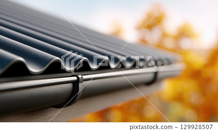 Modern corrugated metal roof with rain gutter 129928507