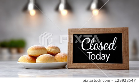 Fresh bread rolls with closed today sign Fresh bread rolls with closed today sign 129928547