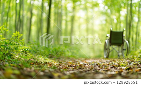 Empty wheelchair in forest trail 129928551