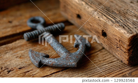 Rusty Anchor on Wooden Background Rusty Anchor on Wooden Background 129928568