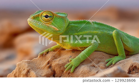 Green chameleon resting on desert rock Green chameleon resting on desert rock 129928606