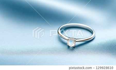 Elegant silver ring with moonstone on soft fabric 129928610