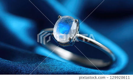 Close-up of moonstone ring on dark blue fabric 129928611