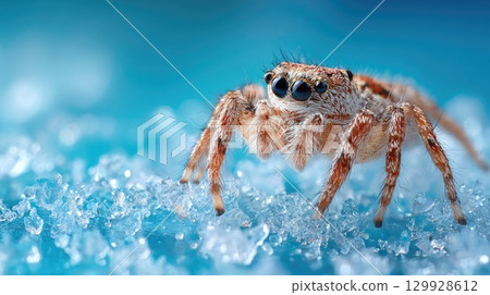 Jumping spider close-up on ice crystals 129928612
