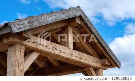 Rustic Wooden Roof with Clear Sky Background Rustic Wooden Roof with Clear Sky Background 129928623
