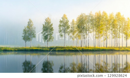 Birch Trees with Morning Mist Reflected in Water Birch Trees with Morning Mist Reflected in Water 129928624