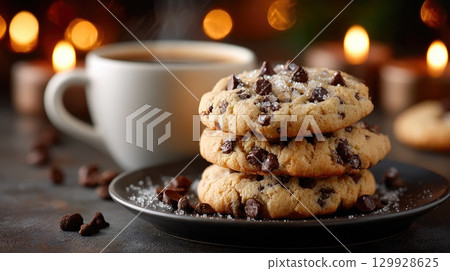 Chocolate Chip Cookies with Coffee and Warm Lights Chocolate Chip Cookies with Coffee and Warm Lights 129928625