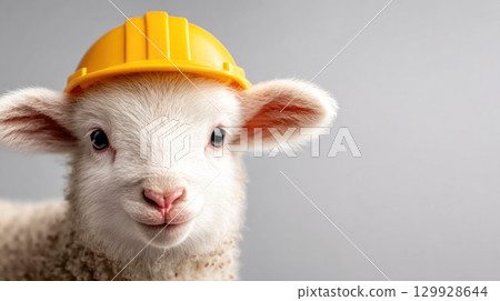 Cute Lamb Wearing Construction Helmet Cute Lamb Wearing Construction Helmet 129928644