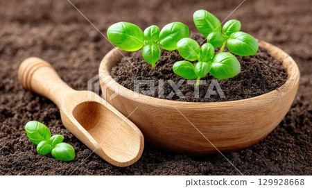 Basil Seedlings in Wooden Bowl with Soil 129928668
