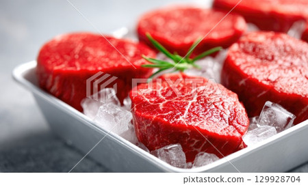 Fresh Raw Beef Steaks on Ice Tray 129928704