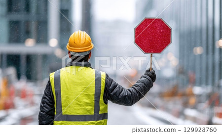 Construction Worker Holding Red Stop Sign in City Street Construction Worker Holding Red Stop Sign in City Street 129928760