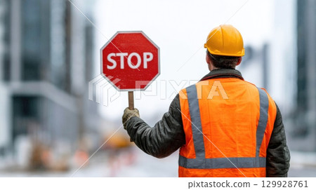 Road Worker in Safety Vest Holding Stop Sign Road Worker in Safety Vest Holding Stop Sign 129928761