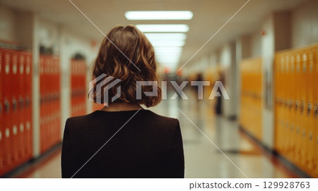 Student Walking Alone in High School Corridor Student Walking Alone in High School Corridor 129928763