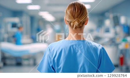 Nurse in Blue Scrubs Standing in Hospital Room Nurse in Blue Scrubs Standing in Hospital Room 129928764