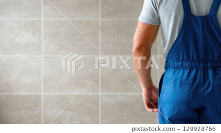 Manual Worker in Blue Overalls Standing Indoors Manual Worker in Blue Overalls Standing Indoors 129928766