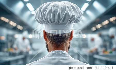 Back View of Professional Chef in Restaurant Kitchen Back View of Professional Chef in Restaurant Kitchen 129928781