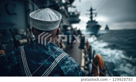Navy Sailor on Military Ship at Sea, Back View Navy Sailor on Military Ship at Sea, Back View 129928783