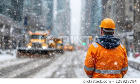 Construction Worker in Snowstorm on Urban Street 129928784