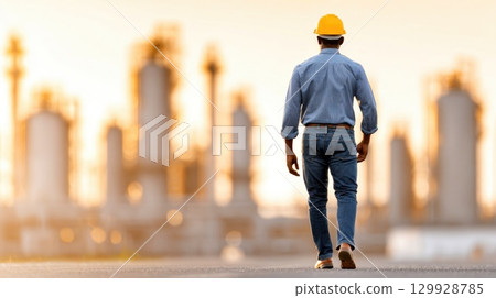 Engineer Walking Toward Refinery at Sunset 129928785