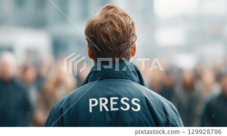 Journalist with Press Jacket in Crowd, Back View 129928786