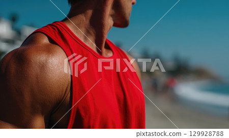 Muscular Man in Red Tank Top at the Beach 129928788