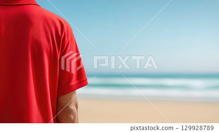 Man in Red Polo Shirt by the Ocean 129928789