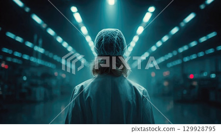 Lab Worker in Hair Net and White Coat Under Lights 129928795