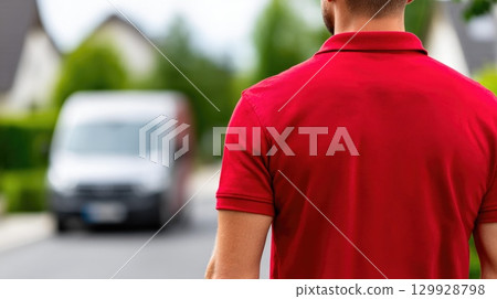 Man in Red Polo Shirt, Back View Man in Red Polo Shirt, Back View 129928798