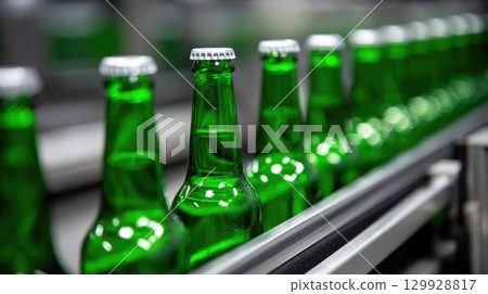 Green Bottles on Conveyor Belt 129928817