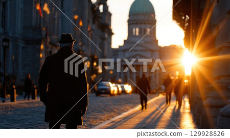 Man Walking in City Sunset Man Walking in City Sunset 129928826