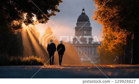Two people walking near government building at sunset Two people walking near government building at sunset 129928827