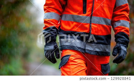 Rescue worker in reflective uniform under rain 129928841