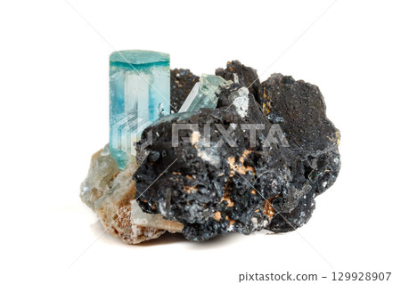 Macro mineral stone Aquamarine and black tourmaline, Schorl on a white background 129928907