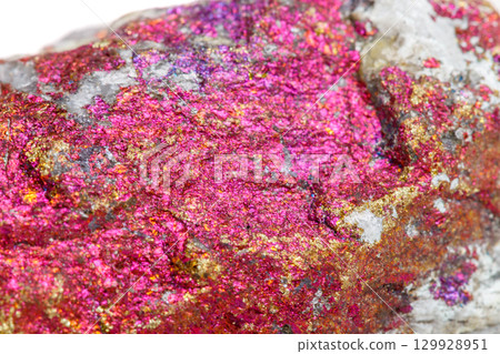 Macro mineral stone Chalcopyrite in the rock on a white background Macro mineral stone Chalcopyrite in the rock on a white background 129928951