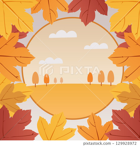 Vector illustration with colorful autumn leaves forming a frame around sunset sky and trees. Perfect for greeting cards, posters, backgrounds and invitations. 129928972