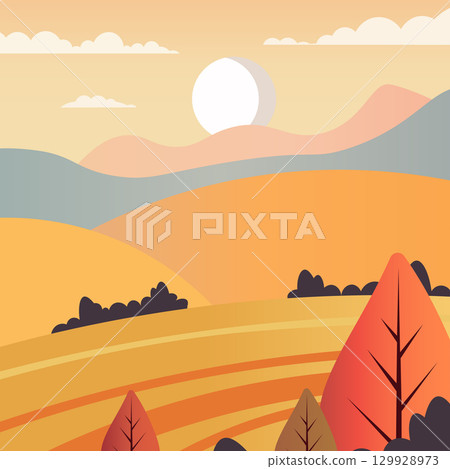Scenic vector illustration of autumn countryside with rolling hills, trees, sunrise and colorful fields. Perfect for seasonal backgrounds, posters, cards and banners. 129928973