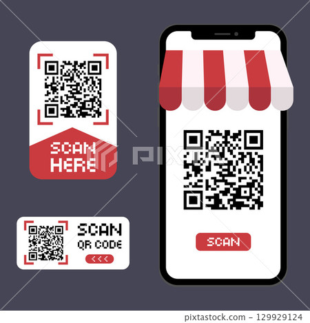 QR Code Scan Illustration Set Mobile Payment and Store Sign Design QR Code Scan Illustration Set Mobile Payment and Store Sign Design 129929124