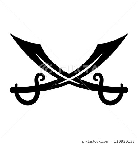Pirate Crossed Swords Vector Illustration. Two crossed pirate swords, also known as scimitars or cutlasses, forming a bold and stylish symbol. 129929135