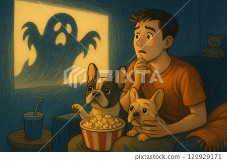 A man watching a movie with his dog Generative AI 129929171
