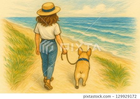夏日大海/一位女士與她的狗一起散步的背影 生成式人工智慧 129929172