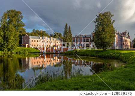 Historic Marfino estate, cultural heritage site with pond reflection, Moscow region, Russia 129929176