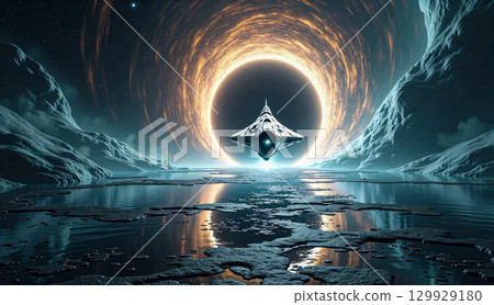 Spaceship against a futuristic landscape with a bright portal. A surreal, futuristic landscape with a huge glowing portal and a spaceship in front of it. Spaceship against a futuristic landscape with a bright portal. A surreal, futuristic landscape with a huge glowing portal and a spaceship in front of it. 129929180