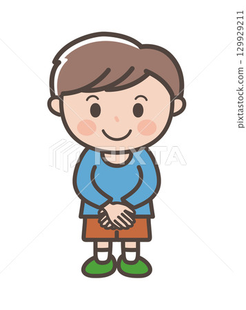 Full-body illustration of a boy politely folding his hands in front of him Full-body illustration of a boy politely folding his hands in front of him 129929211