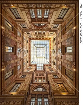 ROME, ITALY - July 30, 2025 Art Nouveau architectural masterpiece in Rome's Galleria Sciarra, featuring frescoes by Giuseppe Cellini celebrating the Glorification of Women 129929367