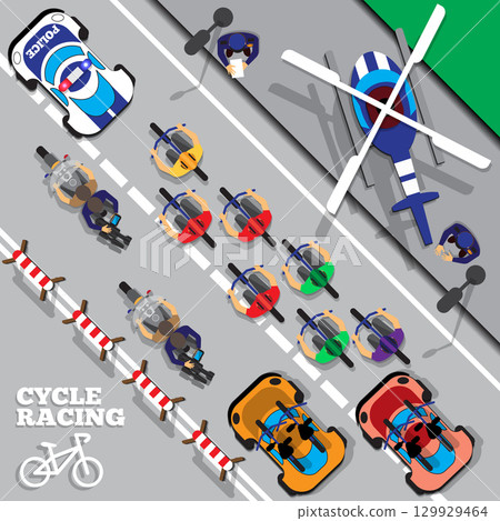 Cyclists group at professional race. View from above. Vector illustration. Cyclists group at professional race. View from above. Vector illustration. 129929464