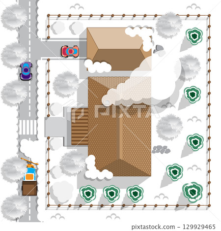 Winter house. Private courtyard. View from above. Vector illustration. 129929465