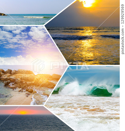 Beautiful Seascapes and Sunsets. Ocean and Beach Landscape Collage. Beautiful Seascapes and Sunsets. Ocean and Beach Landscape Collage. 129929569