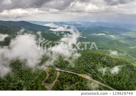 Mountain pass road in North Carolina Appalachian mountains, USA. Beacon Heights parking lot overlook on Blue Ridge Parkway in summer season 129929749