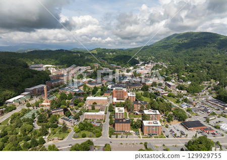 Aerial view of Boone, old historical town in North Carolina Blue Ridge Mountains. Beautiful historic American architecture 129929755